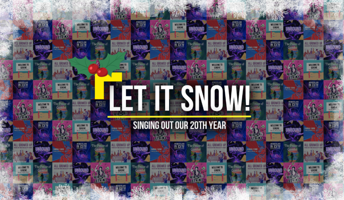 Image features a composite background of all the show artworks for BYMT's 2024 Seasons with a frosted edge. Text reads: Let it snow! Singing out our 20th year.