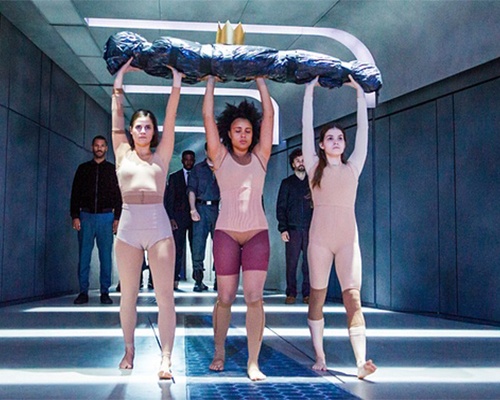 Clemmie Sveaas, Jessie Oshodi and Ana Beatriz Meireles as the Witches in Macbeth at the Young Vic, London. Photograph: Tristram Kenton